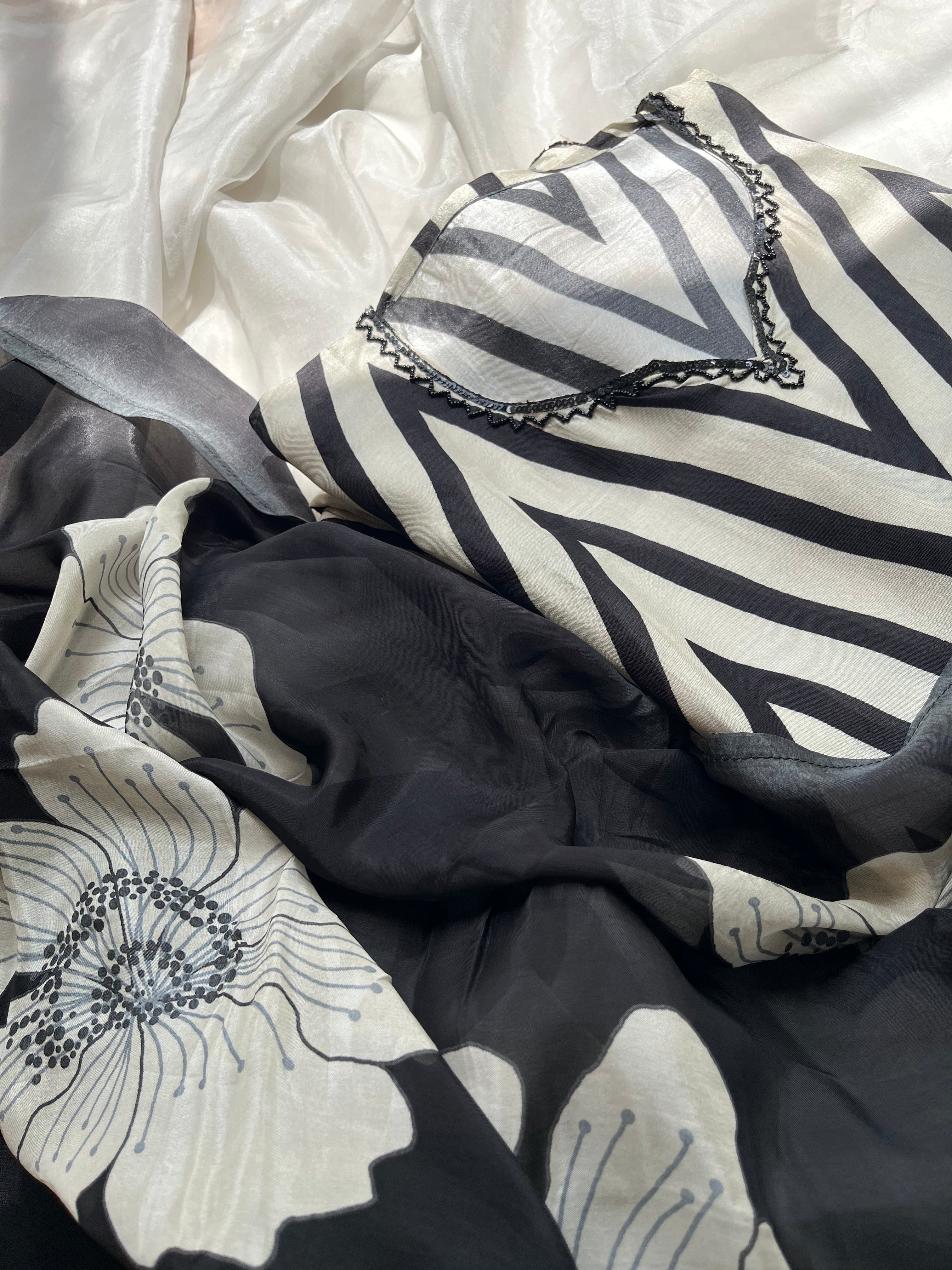 White with Black Stripes Muslin Semi stitched salwar set